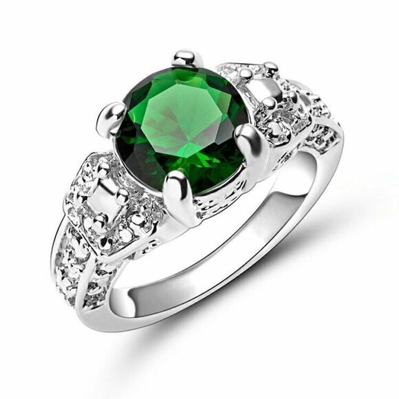 Green Emerald White Rhodium Plated Ring - Picture 1 of 2
